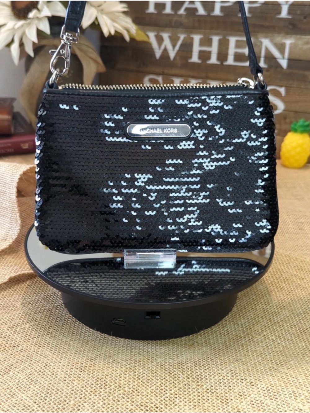 Michael Kors Black Sequin Wristlet Clutch Zip Pouch Silver Hardware EUC